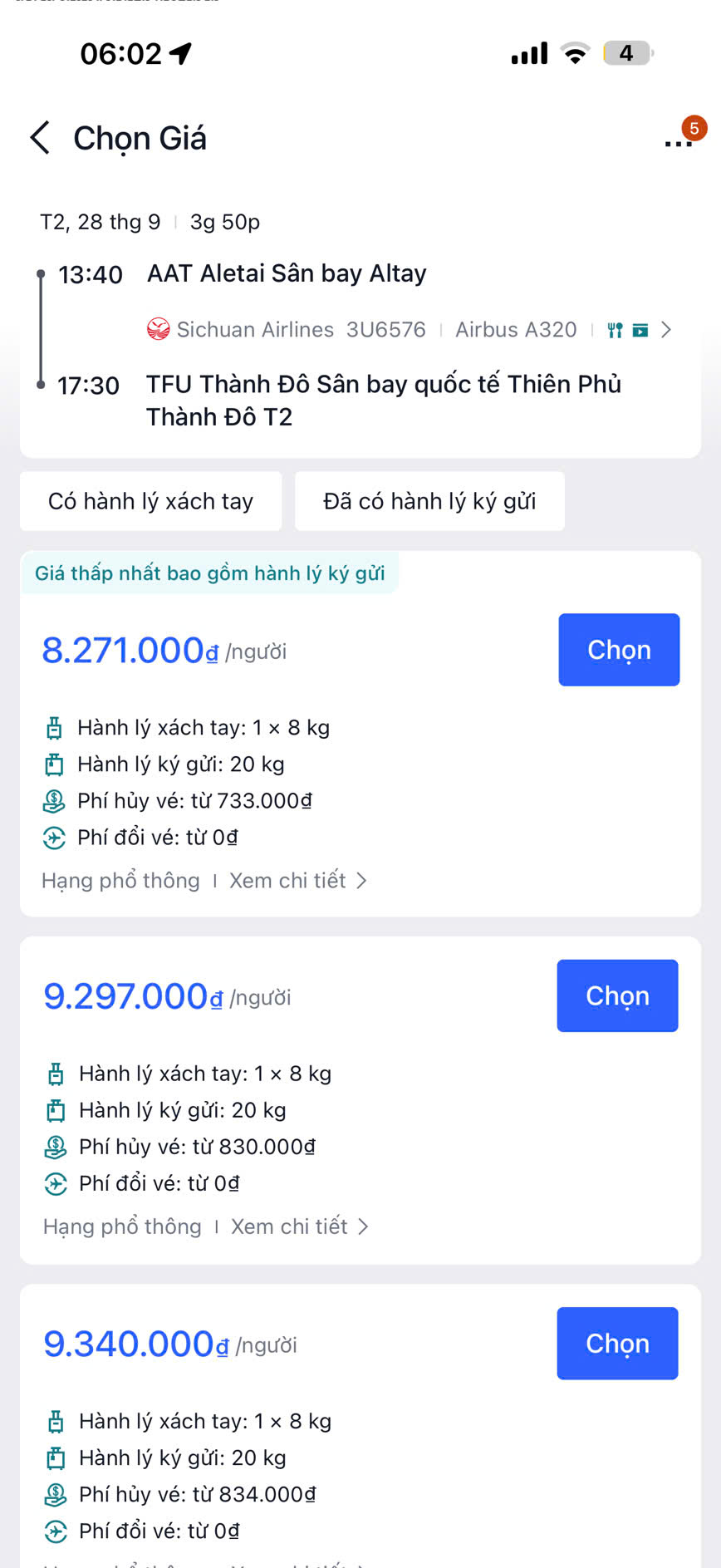 Ảnh giá vé Sichuan Airlines từ Altay đến Thành Đô ngày 28 tháng 9