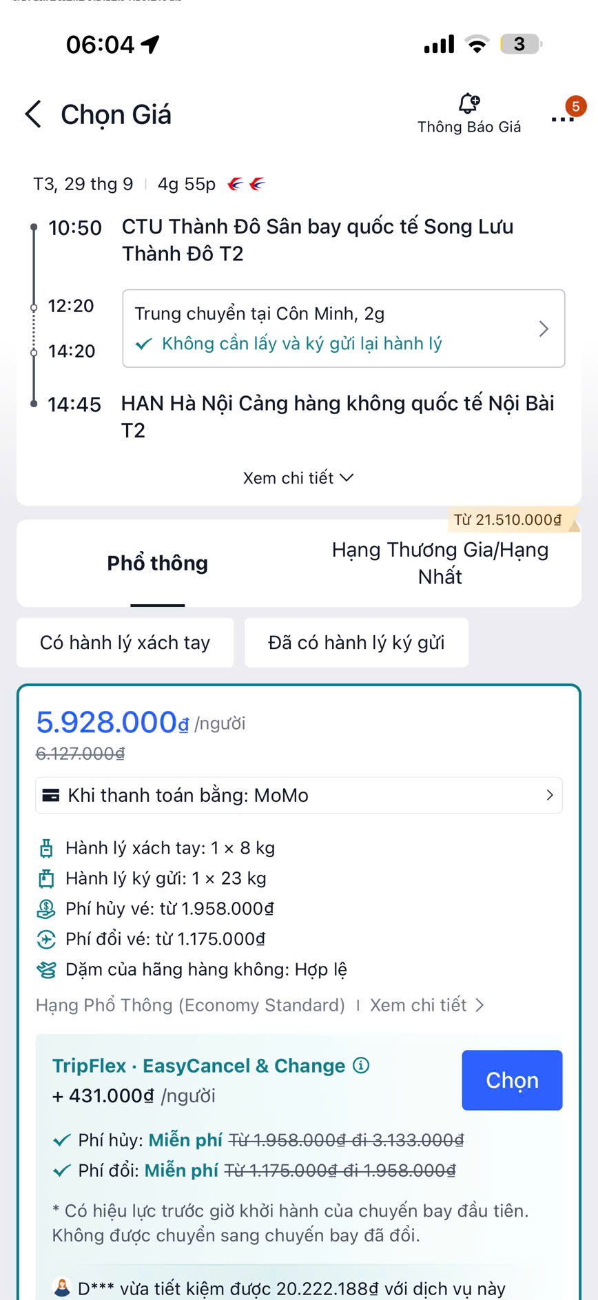 Ảnh giá vé China Eastern từ Thành Đô Song Lưu qua Côn Minh đến Hà Nội ngày 29 tháng 9