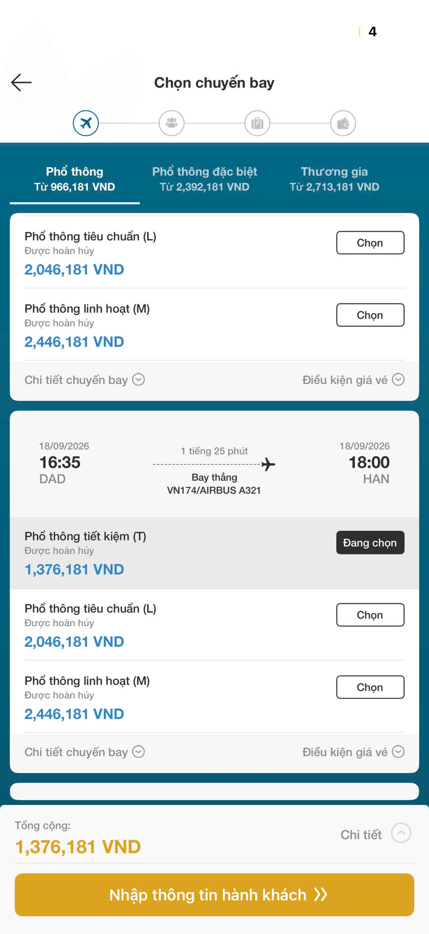 Ảnh giá vé VN174 từ Đà Nẵng đến Hà Nội ngày 18 tháng 9