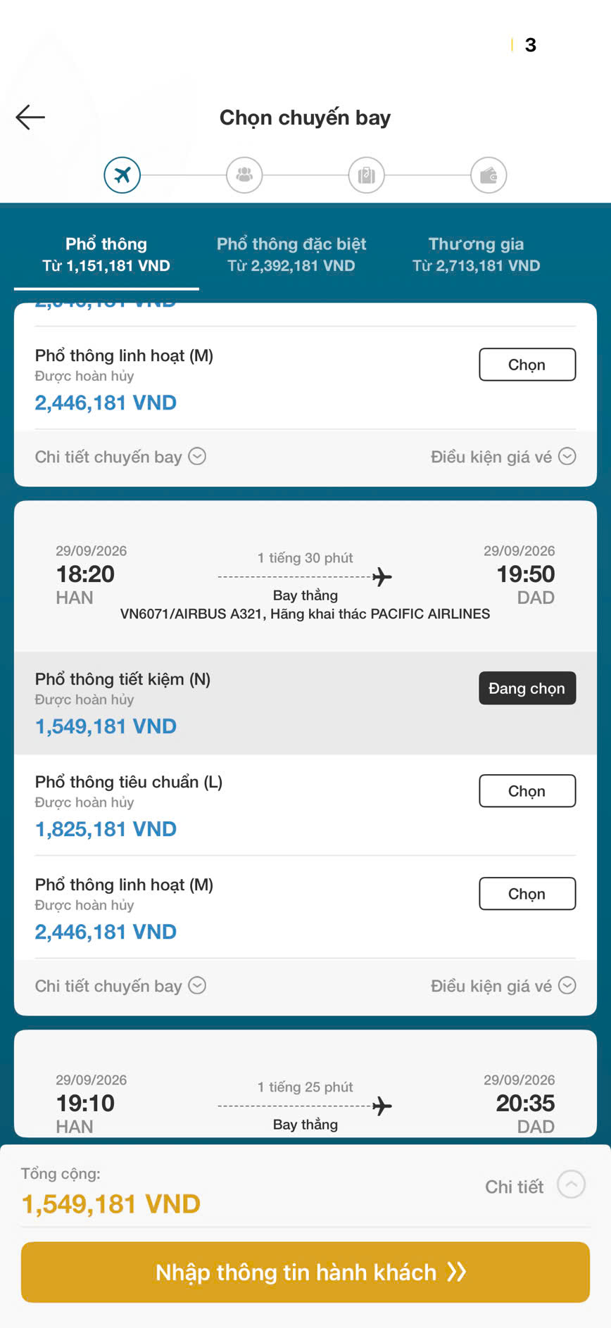 Ảnh giá vé VN6071 từ Hà Nội đến Đà Nẵng ngày 29 tháng 9