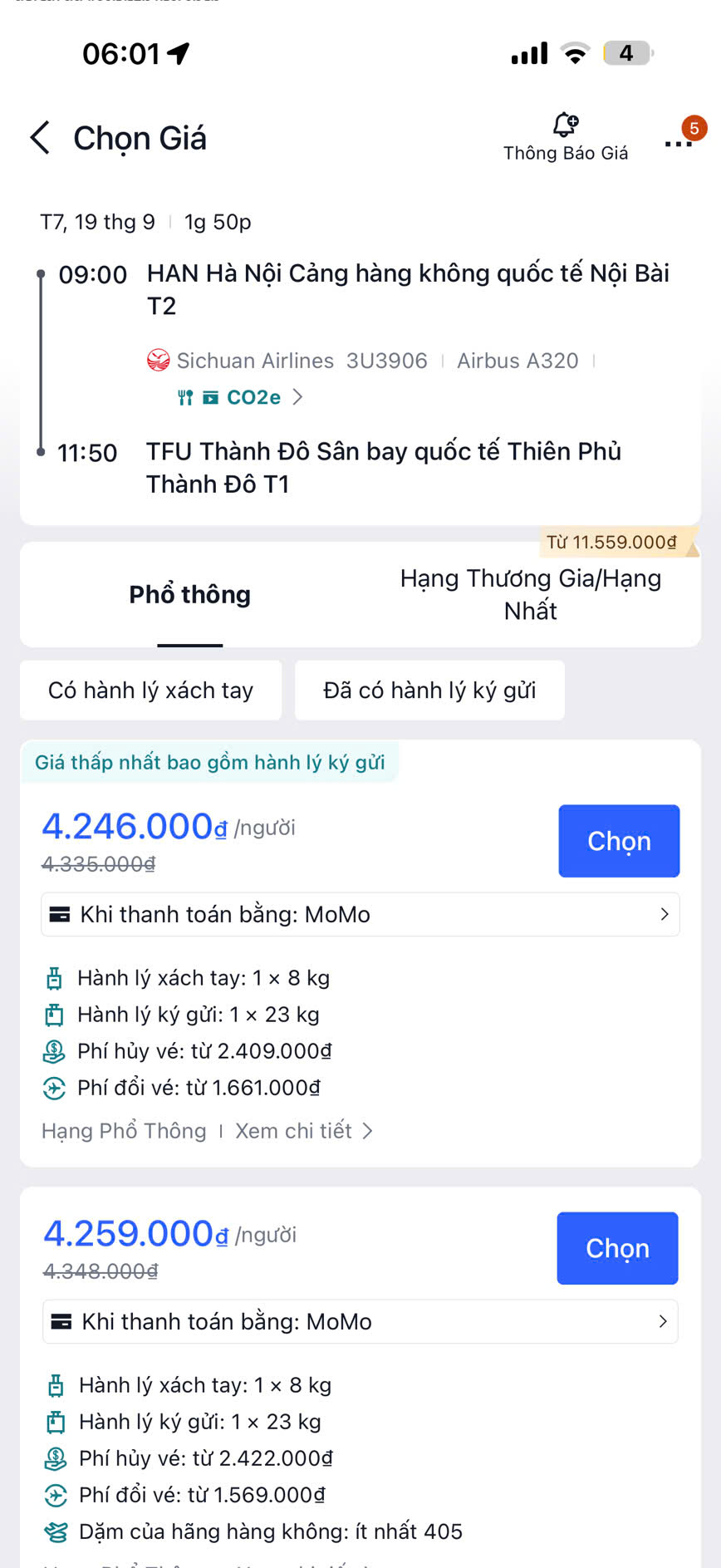 Ảnh giá vé Sichuan Airlines từ Hà Nội đến Thành Đô ngày 19 tháng 9